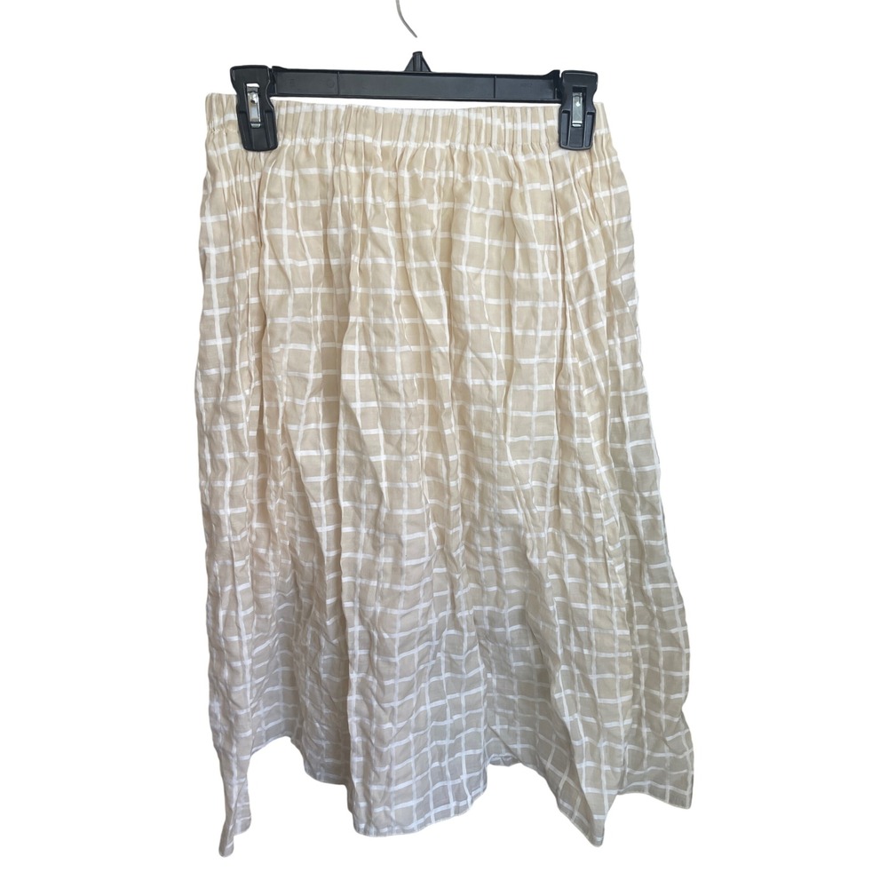 Objects Without Motion Beige White Windowpane Plaid Elastic Waist‎ Midi Skirt